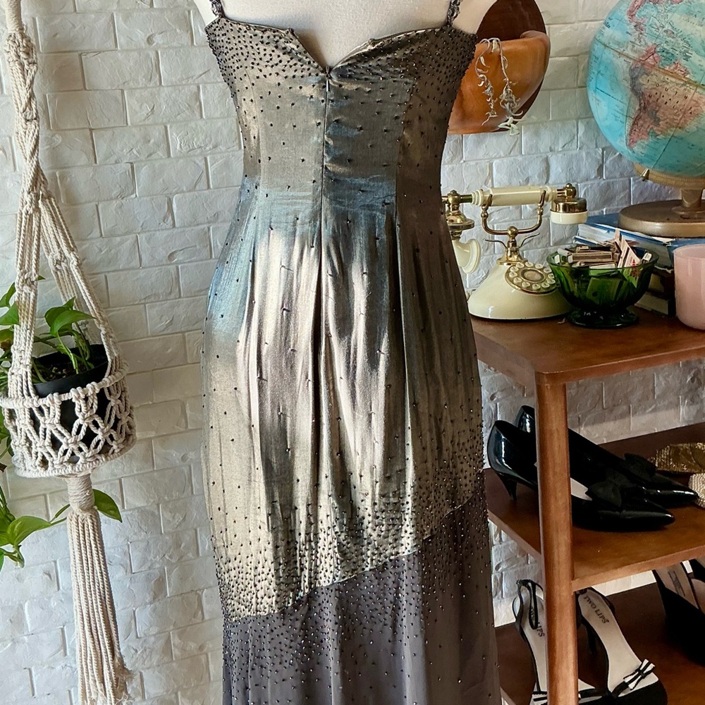 Vintage 1990s Y2K Cache Olive Satin and Chiffon Asymmetrical Hem Beaded Gown - Picture 11 of 16